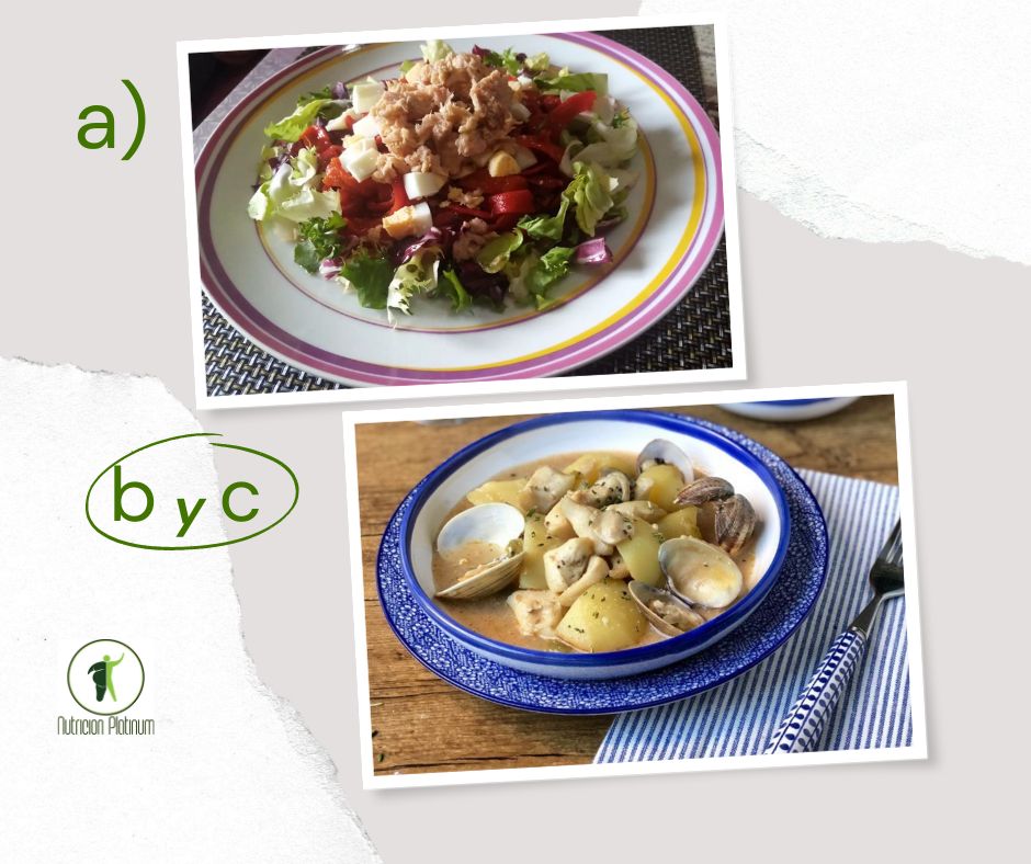 Ensalada de pimientos asados atún y huevo con SEPIA CON PATATAS Y ALMEJAS